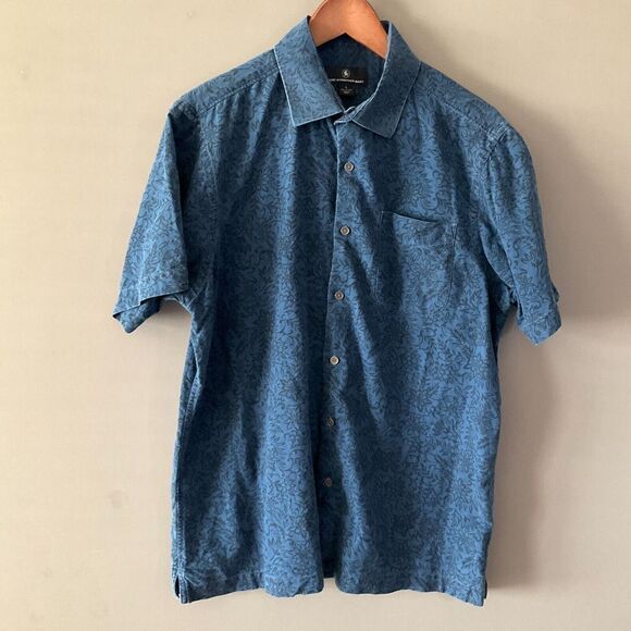 Hart Schaffner Marx Mens Cotton Button Down Shirt Blue Floral Short Sleeve LARGE - Picture 1 of 9